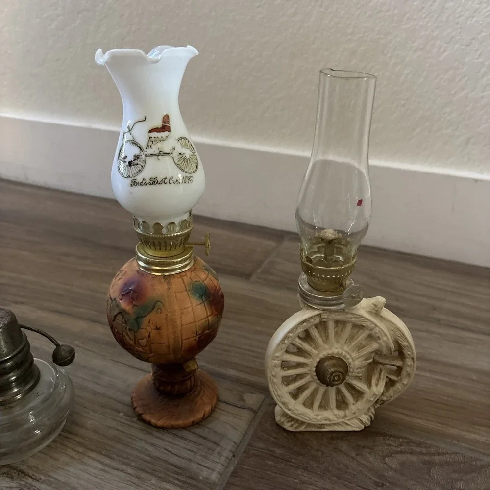 2 Vintage Small Kerosene Lamps - Glass, Copper, Metal